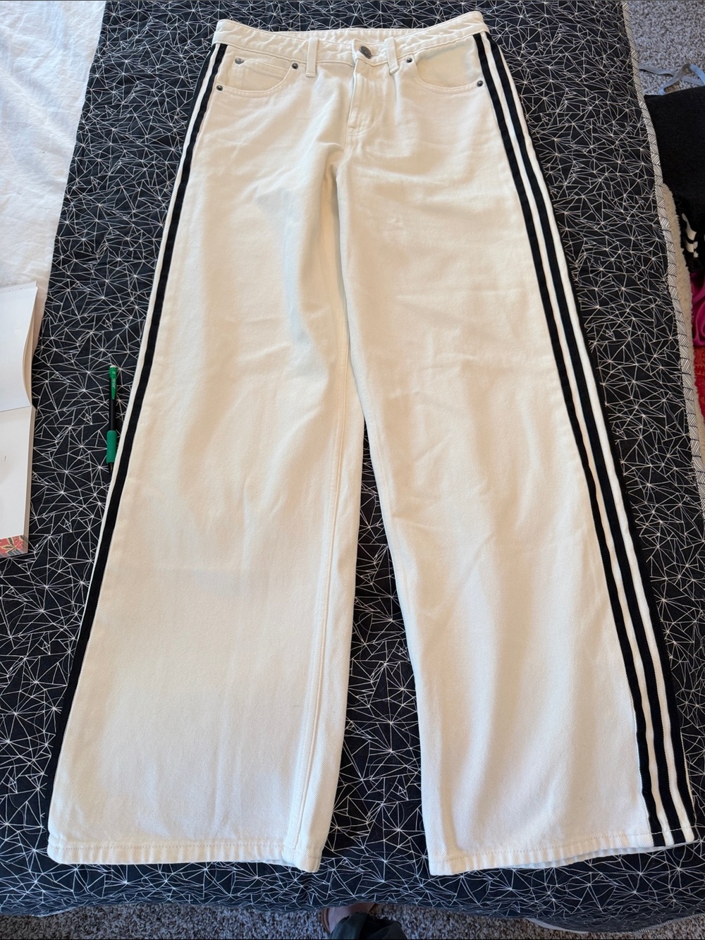 adidas White Wide-Leg Jeans with Black Side Stripes